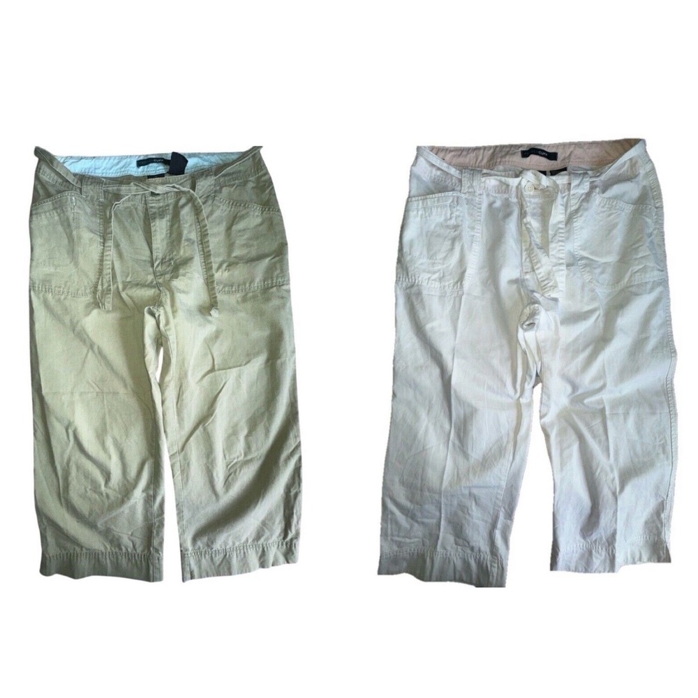 French Cuff Womens 12 Cotton Cargo Capri Pants Lot 2 Green White Button Tie